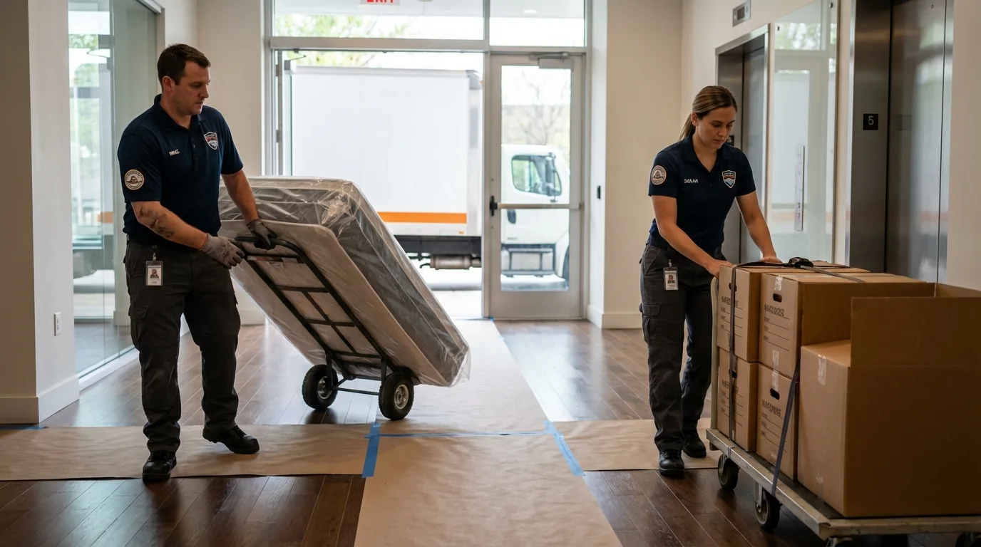 Professional apartment movers loading elevator in Summerville, GA